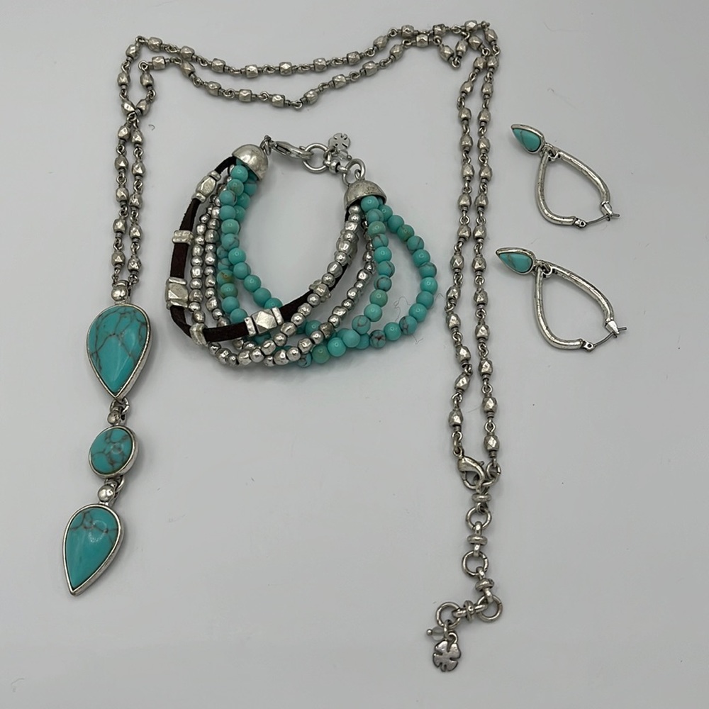 Lucky Brand Boho Silver, Turquoise & Leather Necklace, Earring & Bracelet Set